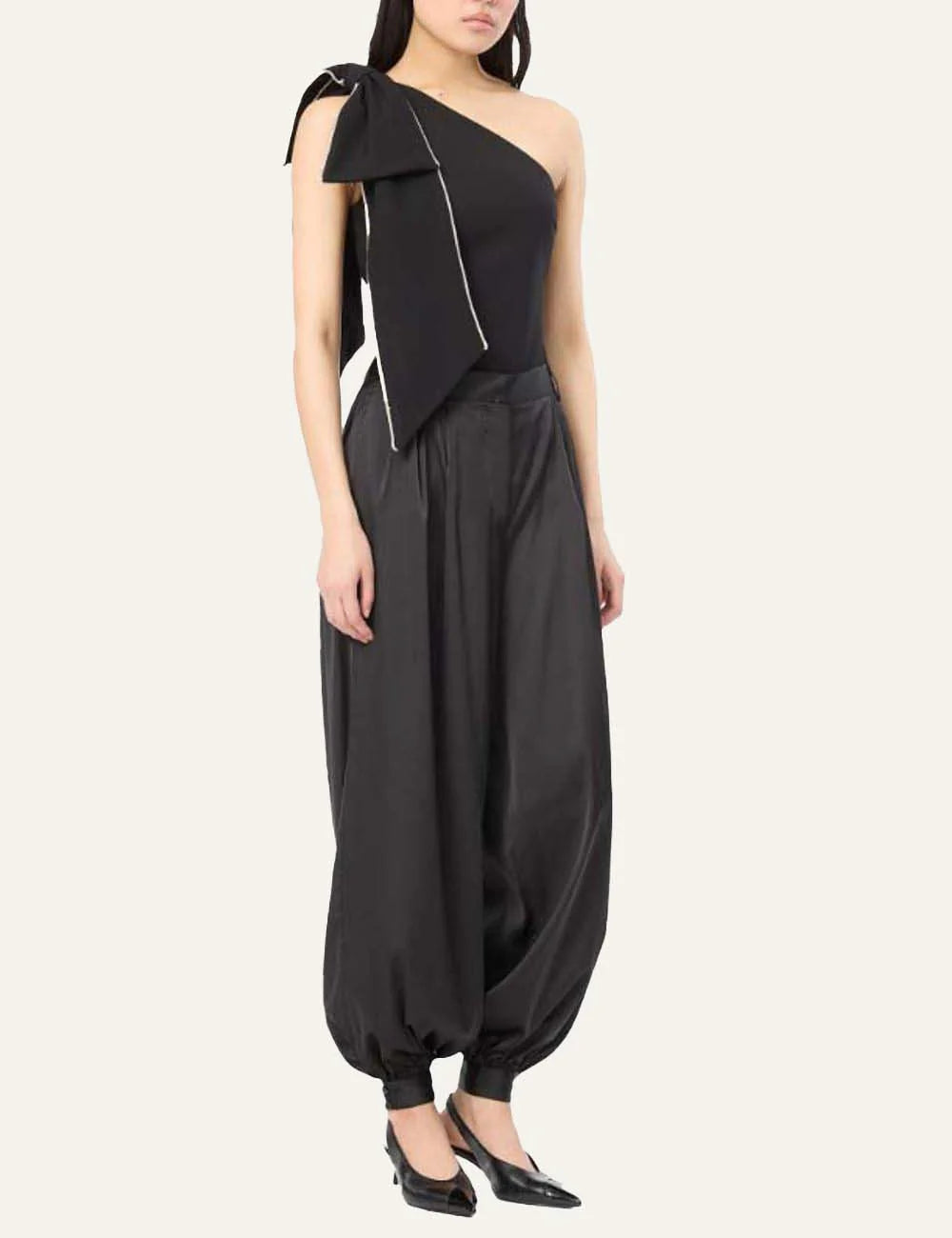Rotate women brown fitted mini dress with high neck and voluminous satin peplum hem full body