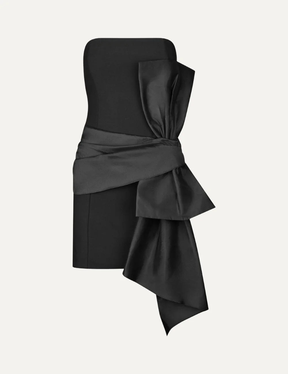 Rotate women black strapless mini dress with oversized bow and asymmetric draped panels