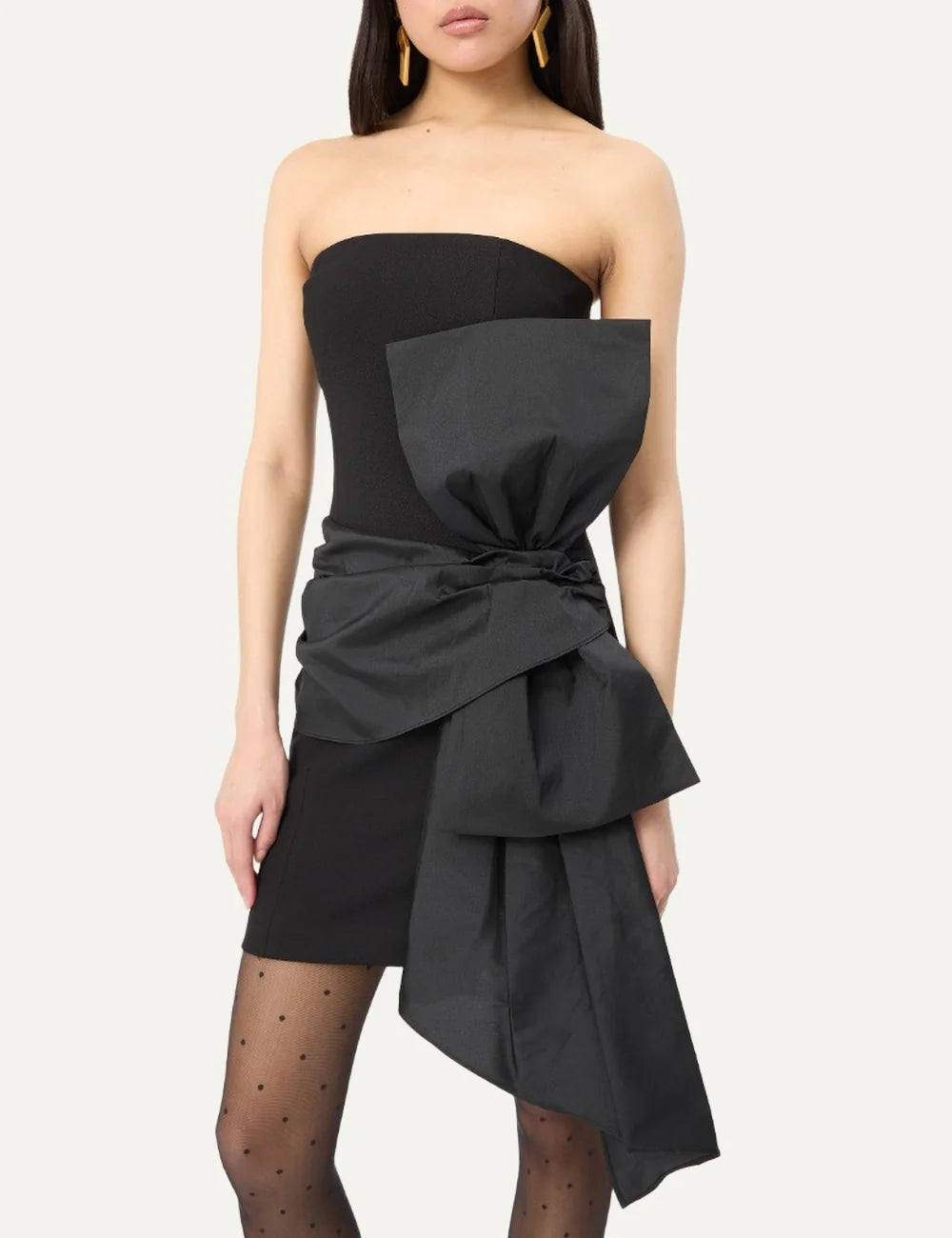 Rotate women black strapless mini dress with oversized bow and asymmetric draped panels detail