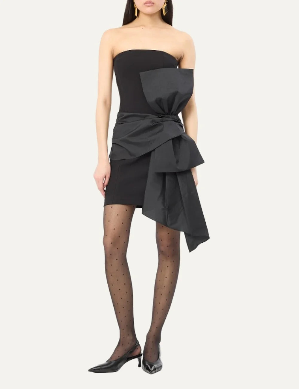 Rotate women black strapless mini dress with oversized bow and asymmetric draped panels full body