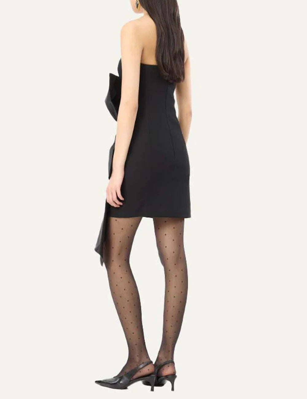 Rotate women black strapless mini dress with oversized bow and asymmetric draped panels back