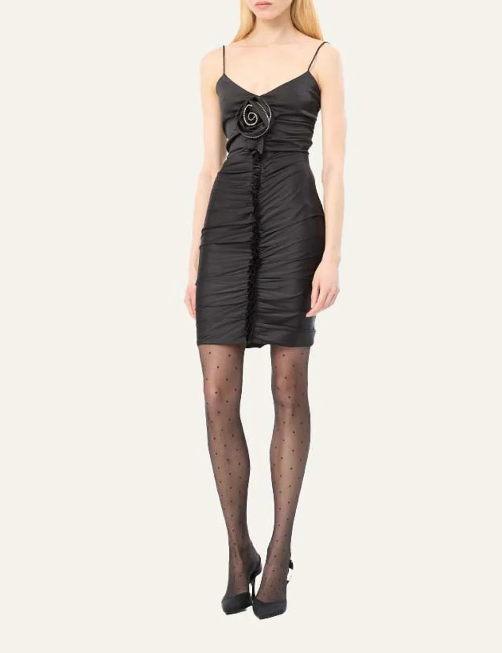 Rotate women black satin mini slip dress with ruched detailing, thin straps and rhinestone embellished rose full body