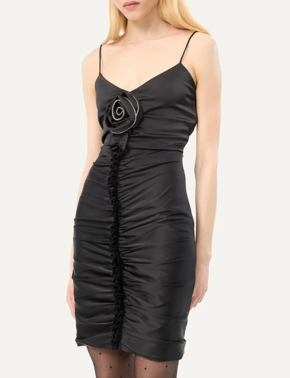 Rotate women black satin mini slip dress with ruched detailing, thin straps and rhinestone embellished rose
