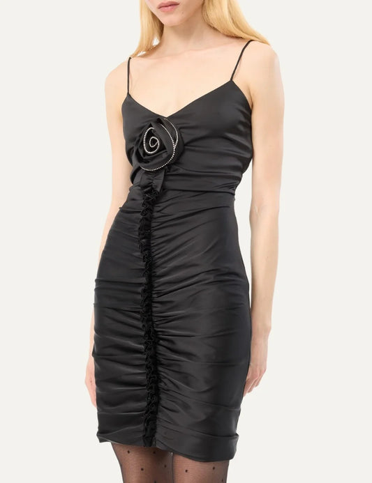 Rotate women black satin mini slip dress with ruched detailing, thin straps and rhinestone embellished rose