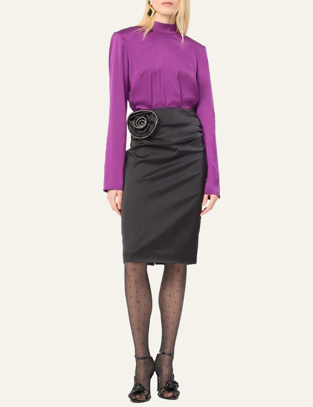 Rotate women black satin midi skirt with draped detail and rhinestone embellished rose appliqué full body
