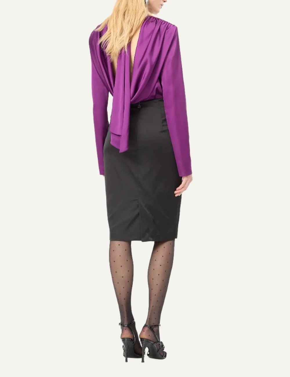 Rotate women black satin midi skirt with draped detail and rhinestone embellished rose appliqué back