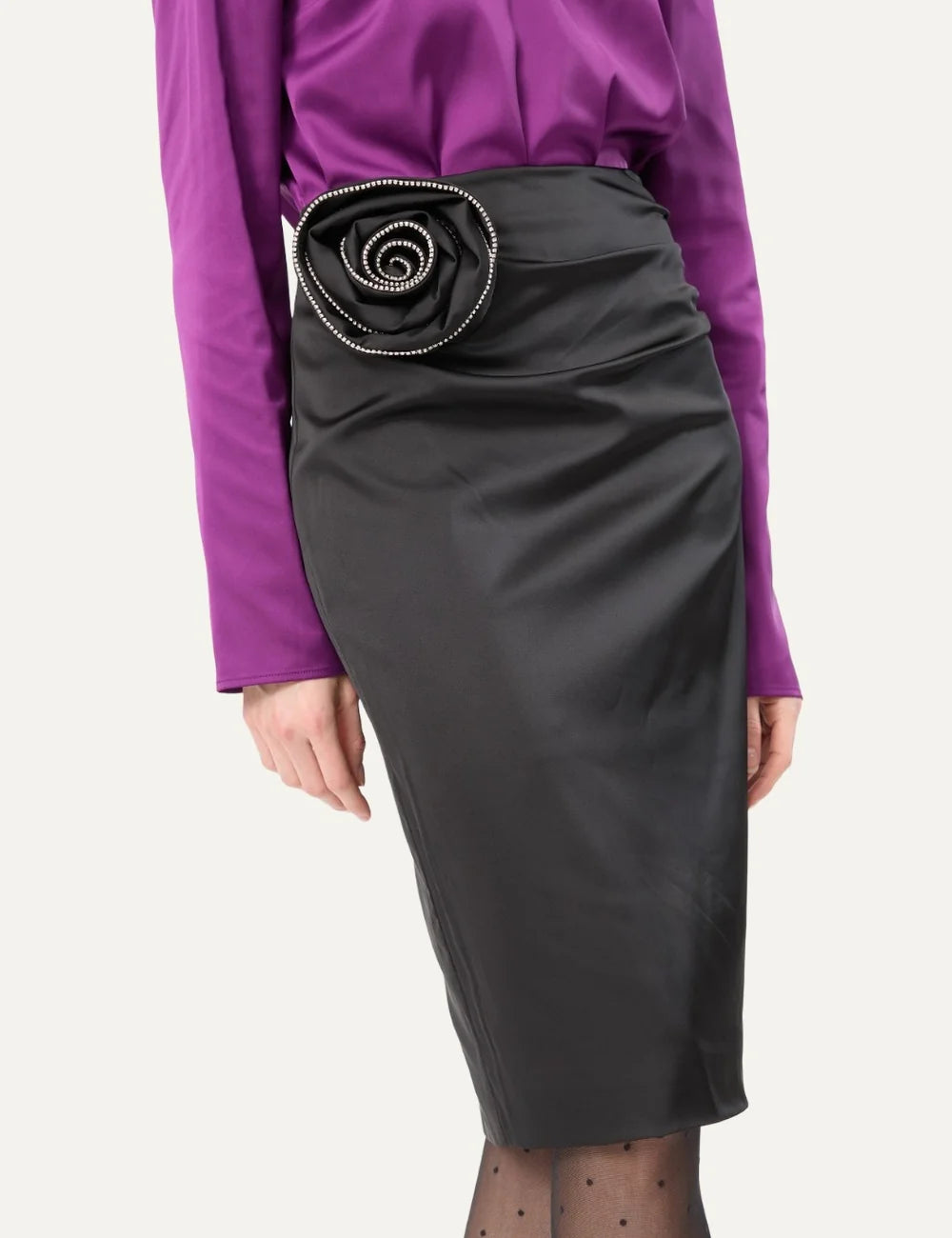 Rotate women black satin midi skirt with draped detail and rhinestone embellished rose appliqué detail