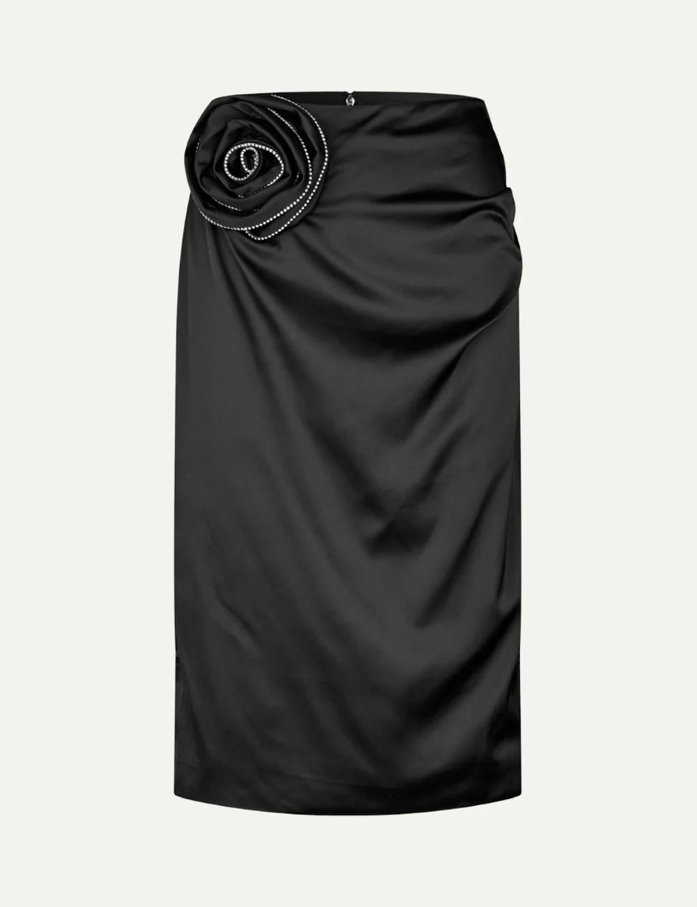 Rotate women black satin midi skirt with draped detail and rhinestone embellished rose appliqué