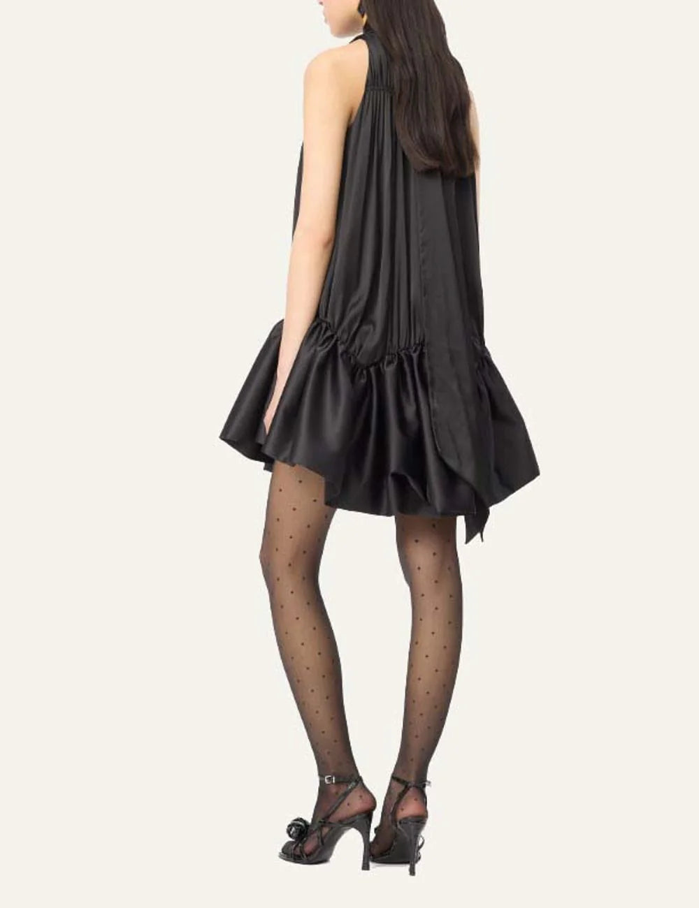 Rotate women black sleeveless mini dress with high neck, keyhole front, pleated details and voluminous asymmetric hem back