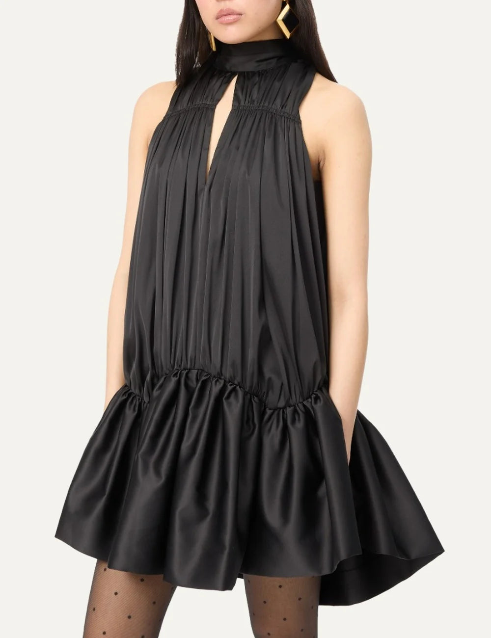 Rotate women black sleeveless mini dress with high neck, keyhole front, pleated details and voluminous asymmetric hem model
