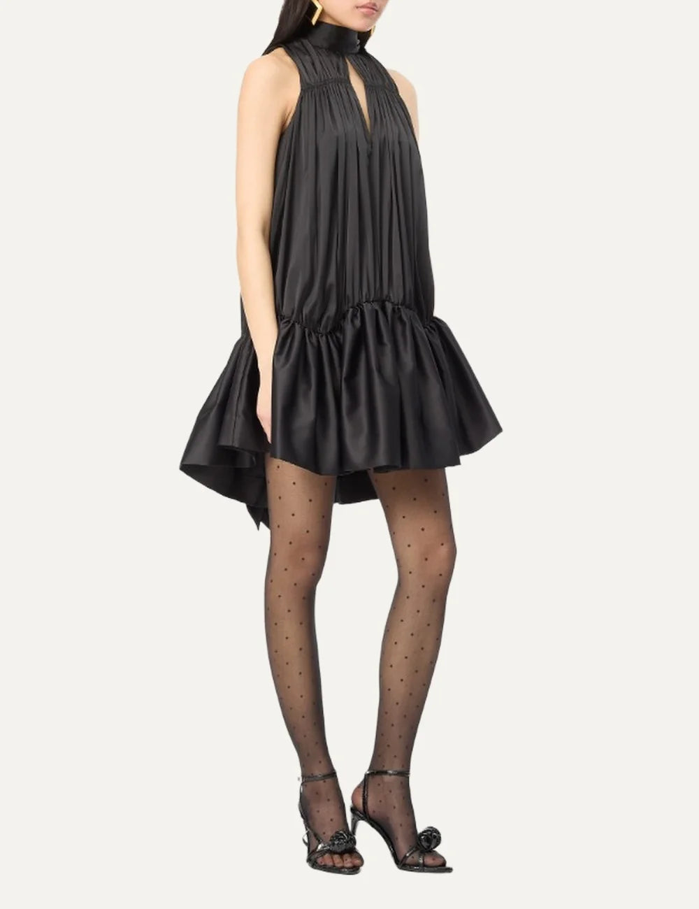 Rotate women black sleeveless mini dress with high neck, keyhole front, pleated details and voluminous asymmetric hem side
