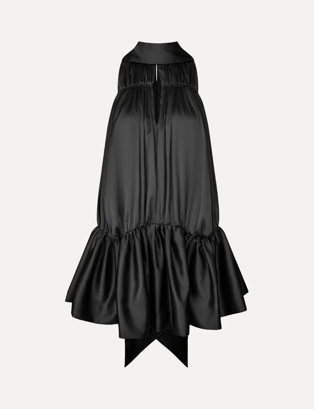 Rotate women black sleeveless mini dress with high neck, keyhole front, pleated details and voluminous asymmetric hem