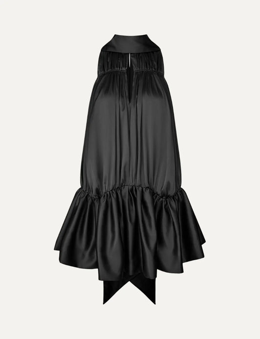 Rotate women black sleeveless mini dress with high neck, keyhole front, pleated details and voluminous asymmetric hem