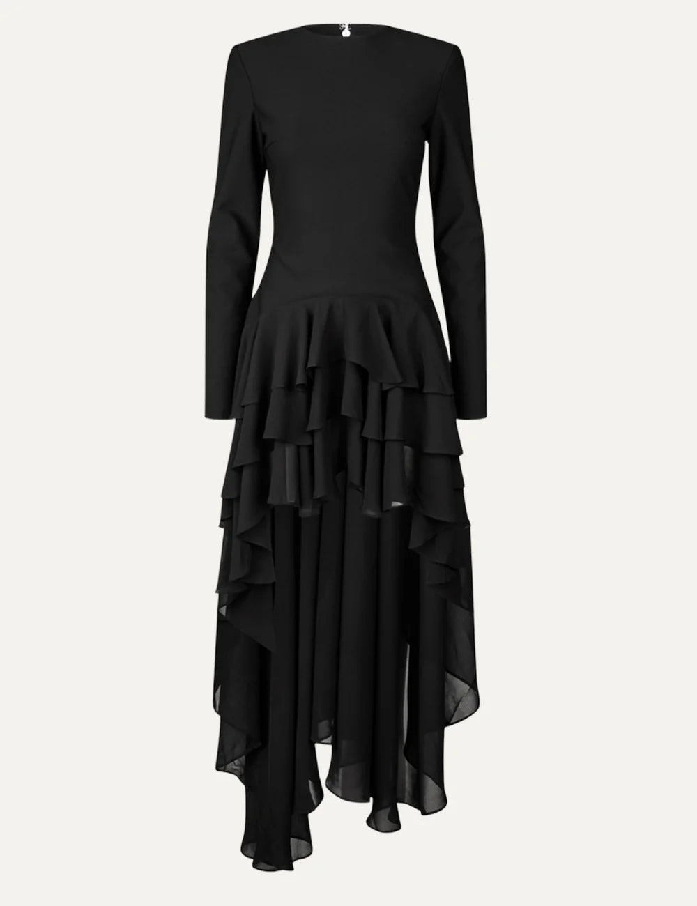 Rotate women black long sleeve dress with layered ruffles and dramatic asymmetric train