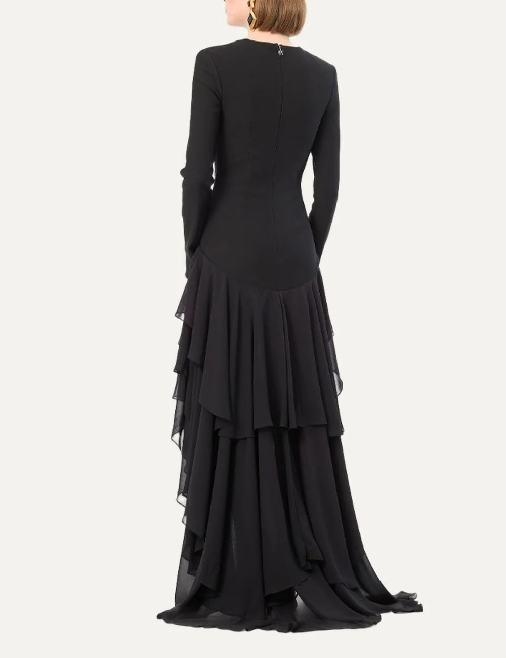 Rotate women black long sleeve dress with layered ruffles and dramatic asymmetric train back