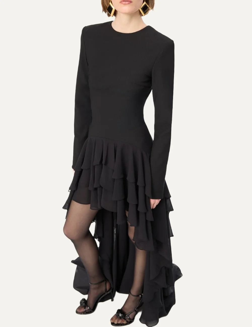 Rotate women black long sleeve dress with layered ruffles and dramatic asymmetric train top