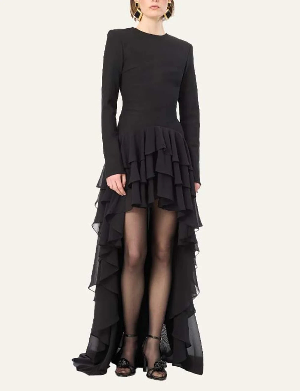 Rotate women black long sleeve dress with layered ruffles and dramatic asymmetric train full body
