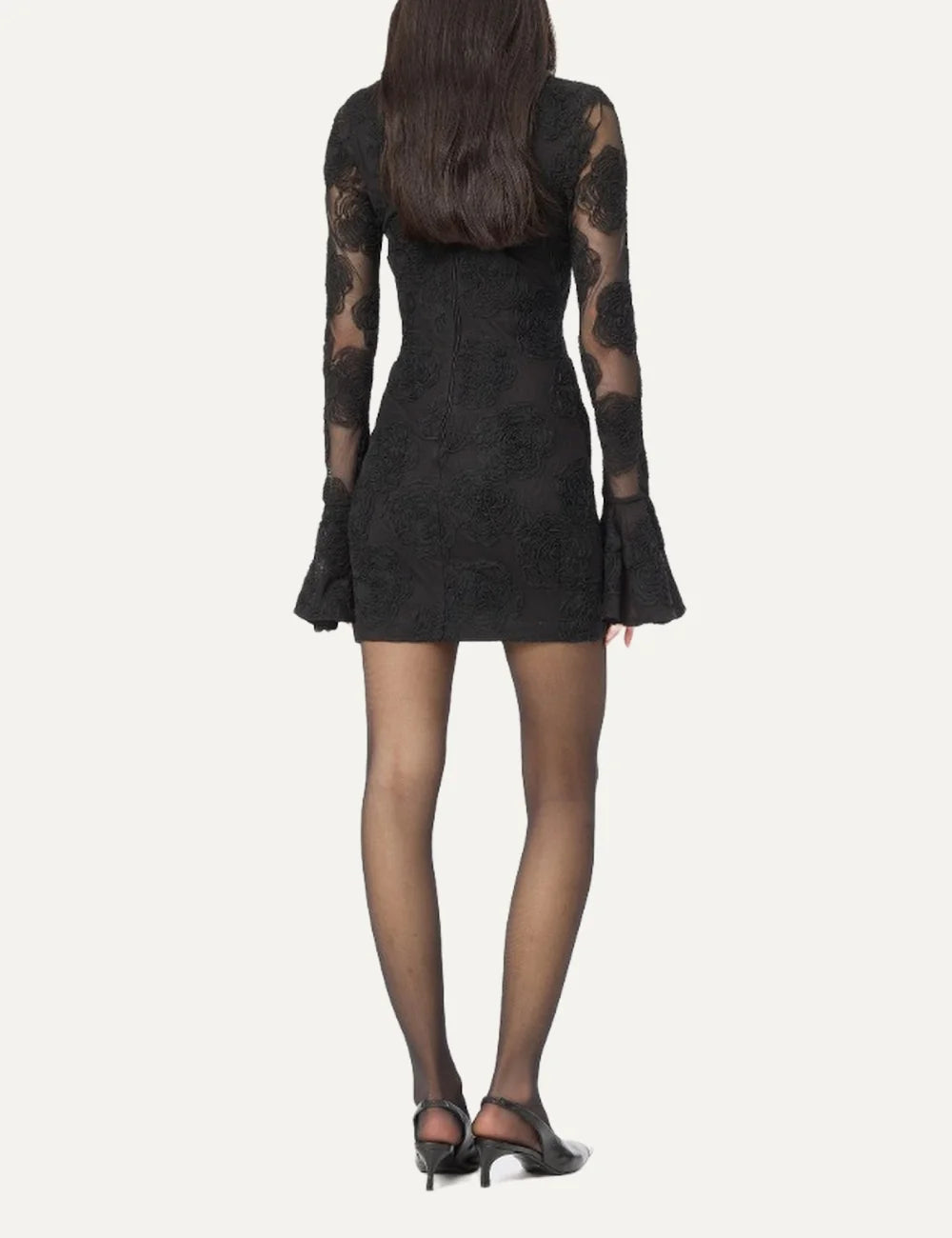 Rotate women black mesh mini dress with embroidered floral details and flared sleeves back