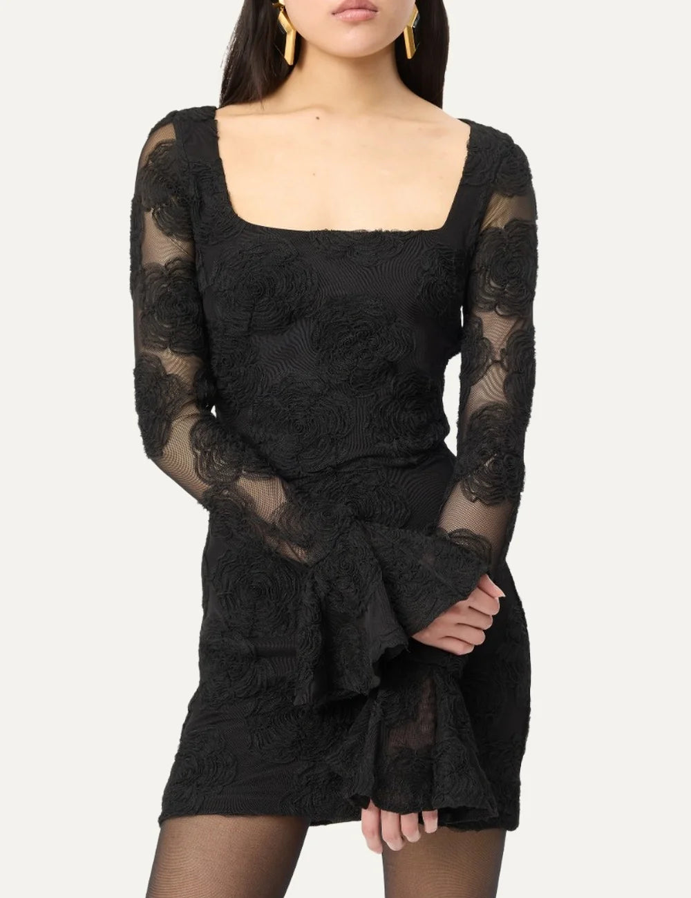 Rotate women black mesh mini dress with embroidered floral details and flared sleeves model