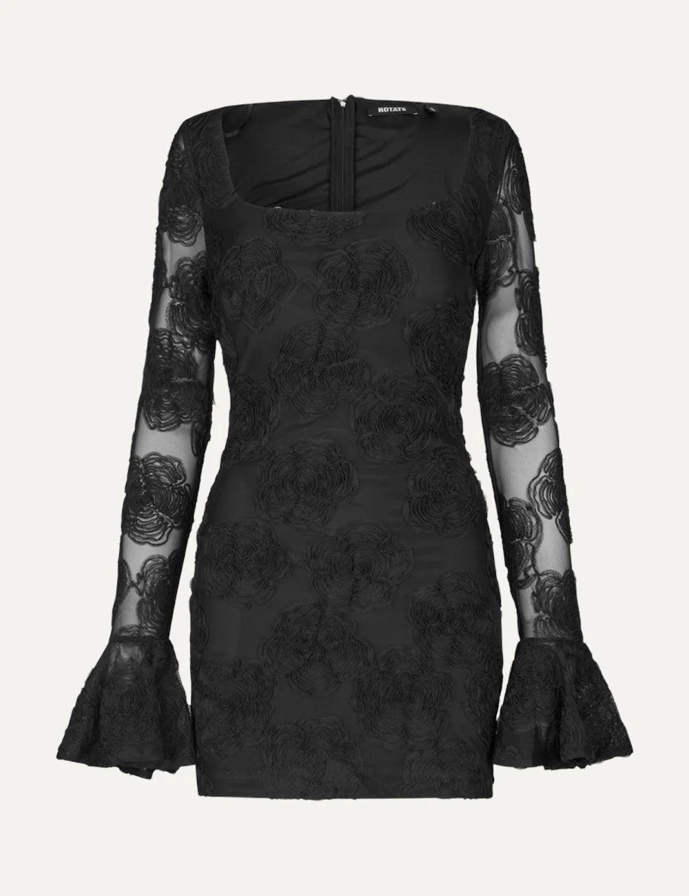 Rotate women black mesh mini dress with embroidered floral details and flared sleeves