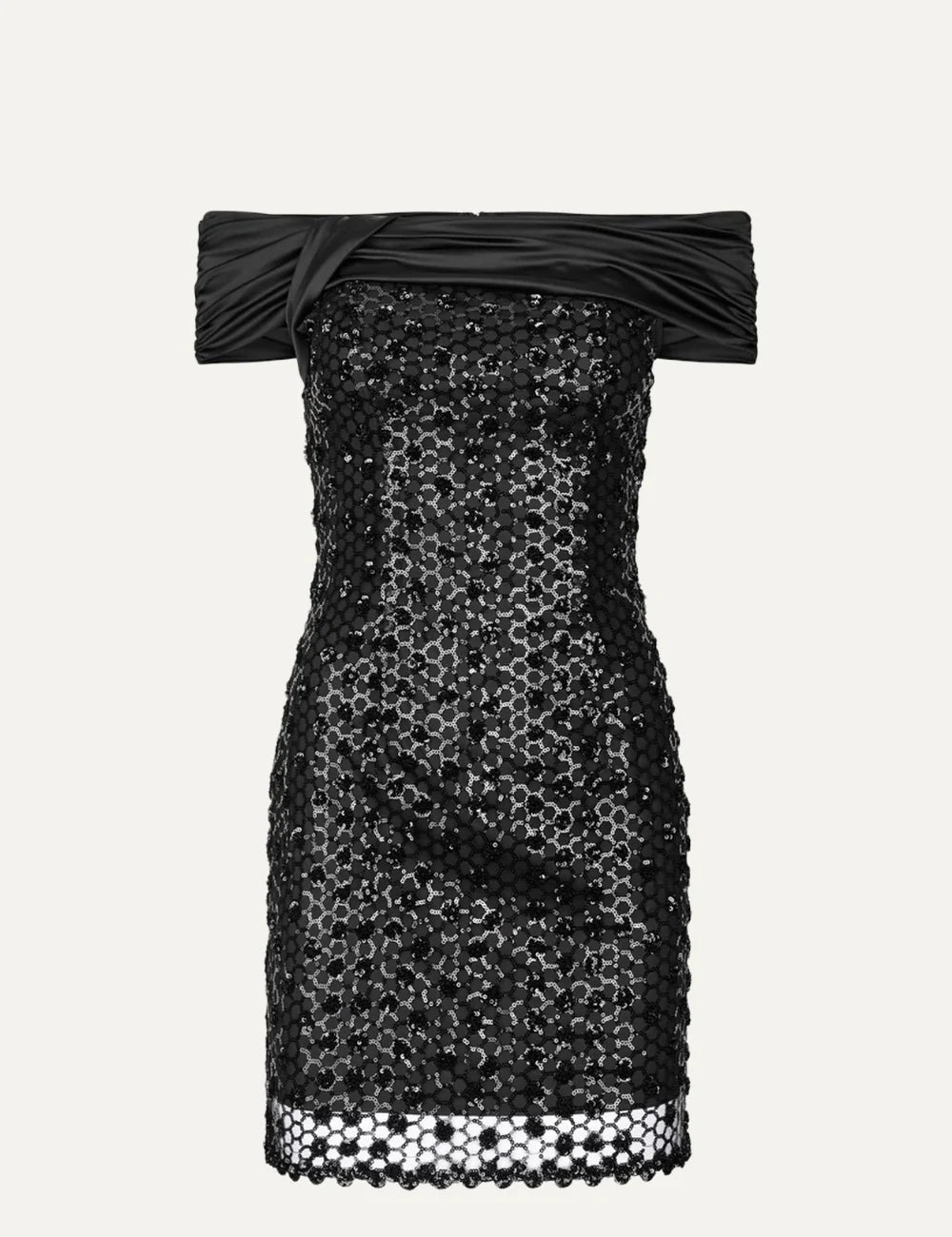 Rotate women black sequined mesh mini dress with off-shoulder draped detail