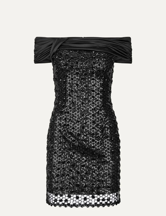 Rotate women black sequined mesh mini dress with off-shoulder draped detail