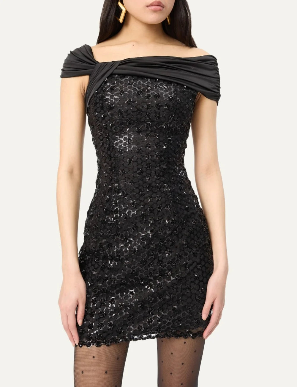 Rotate women black sequined mesh mini dress with off-shoulder draped detail model