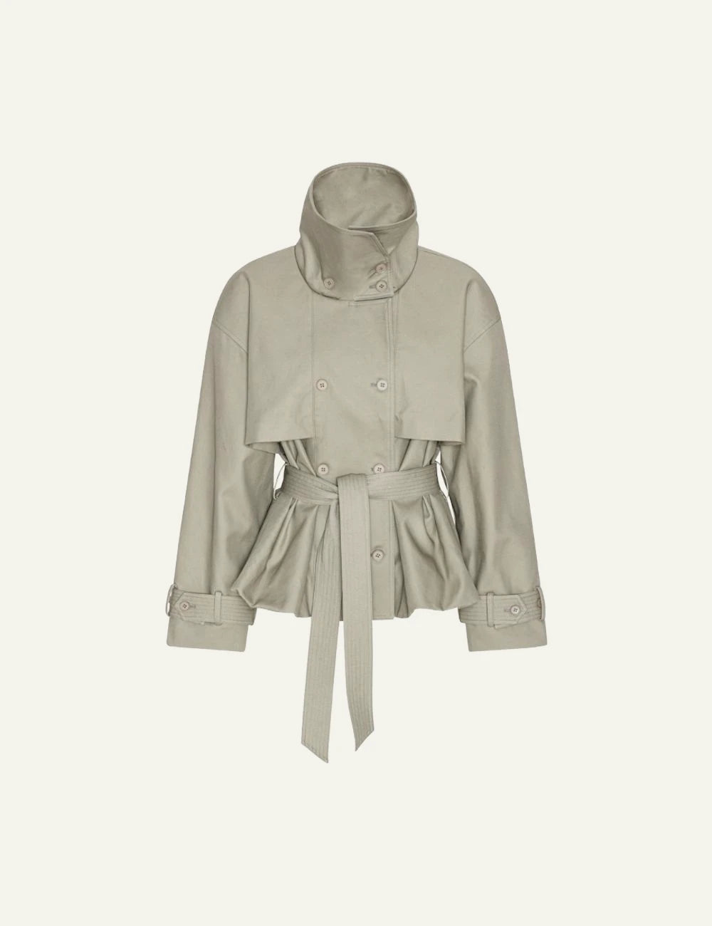 Rotate Short Trench Coat aluminum me belt kai high collar front view