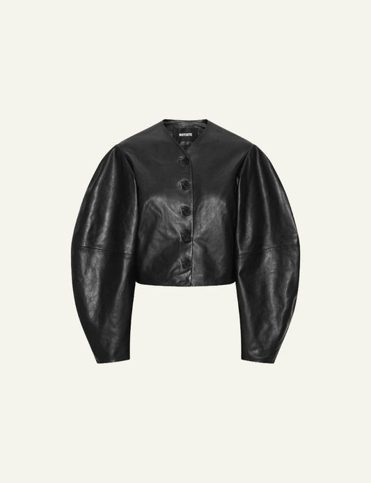 ROTATE black cropped lamb leather jacket with voluminous sleeves