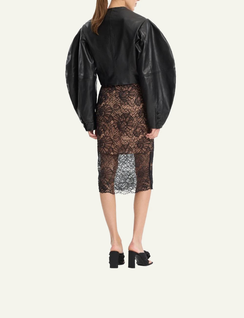 ROTATE black cropped lamb leather jacket with voluminous sleeves back