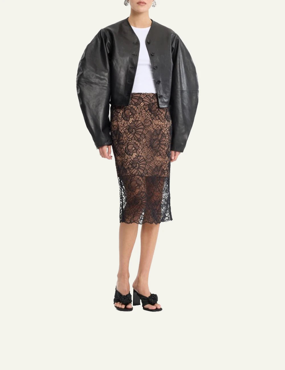 ROTATE black cropped lamb leather jacket with voluminous sleeves full body