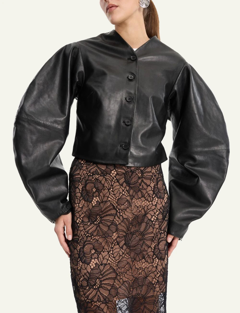 ROTATE black cropped lamb leather jacket with voluminous sleeves model