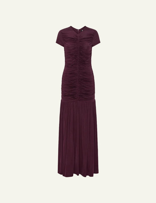 Rotate Gathered Maxi Dress bordeaux me ruching details front view
