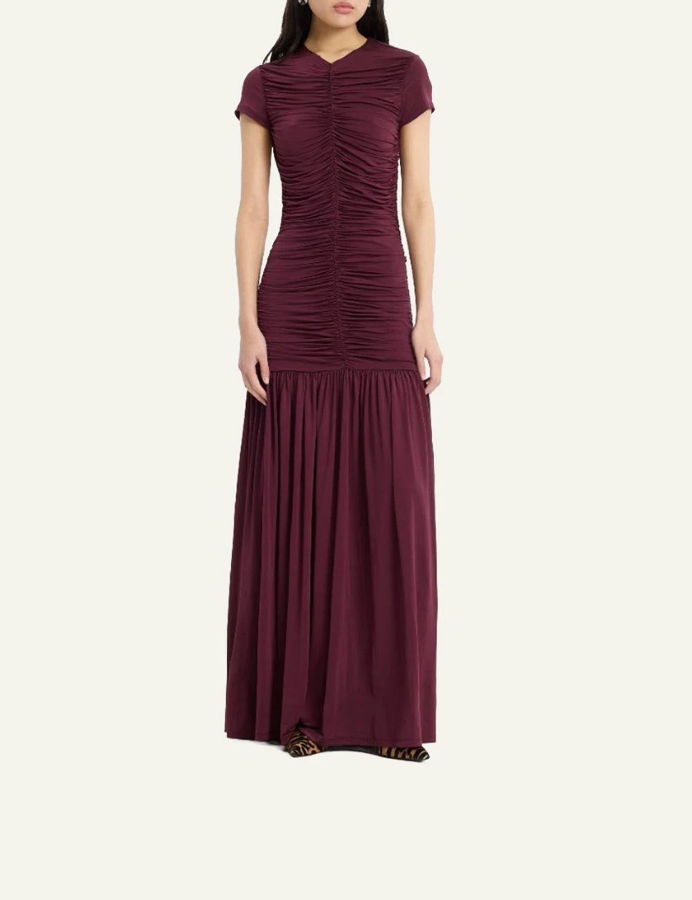 Rotate Gathered Maxi Dress bordeaux me ruching details front full body view