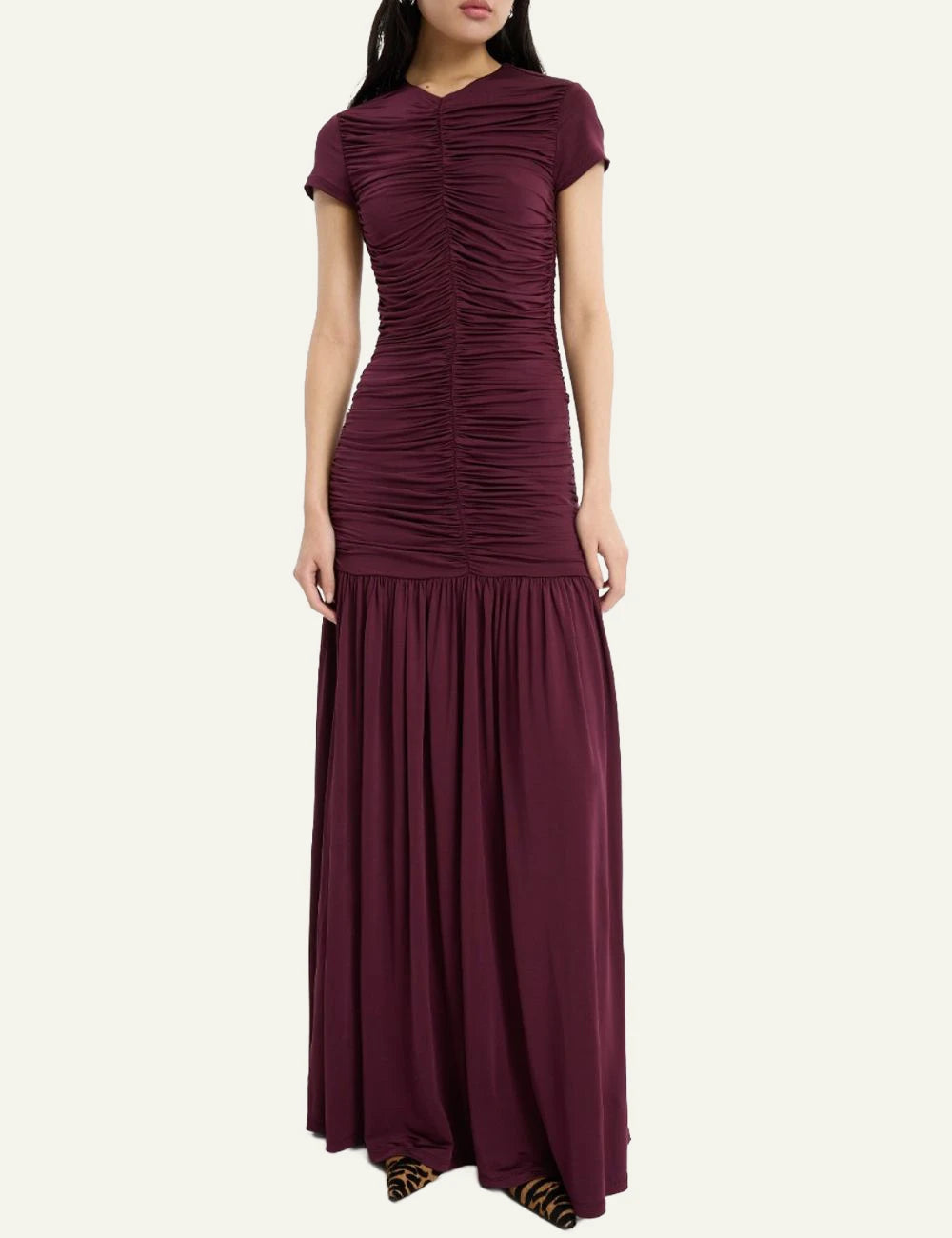 Rotate Gathered Maxi Dress bordeaux me ruching details front model view