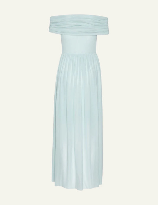 rotate off shoulder maxi dress light blue plein air front flat view