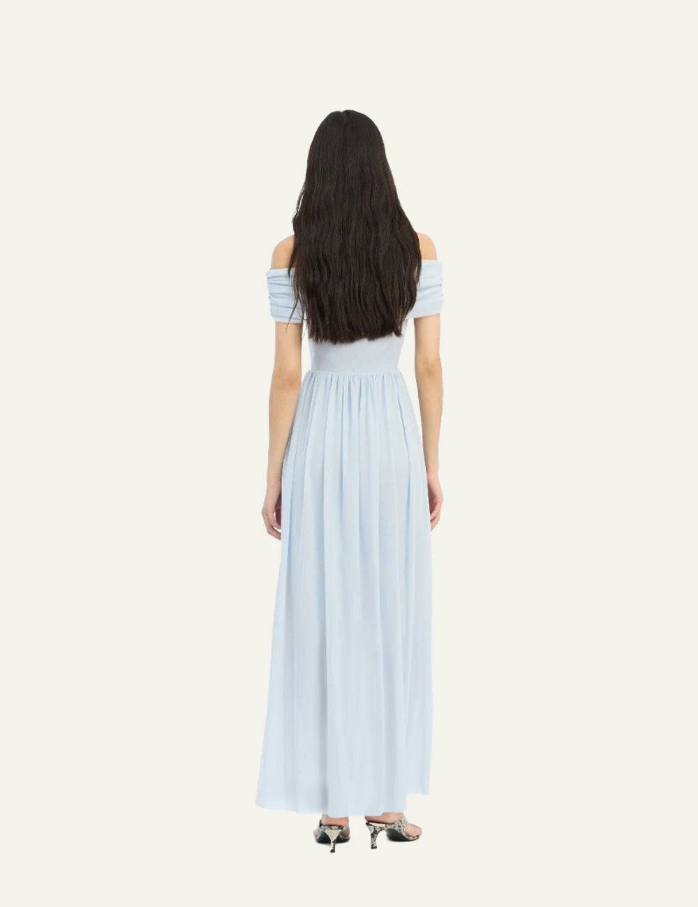 rotate off shoulder maxi dress light blue plein air back model view