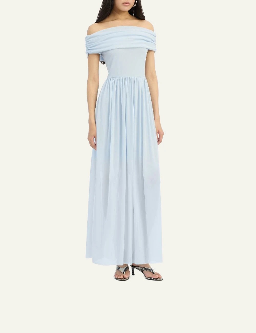 rotate off shoulder maxi dress light blue plein air full body view