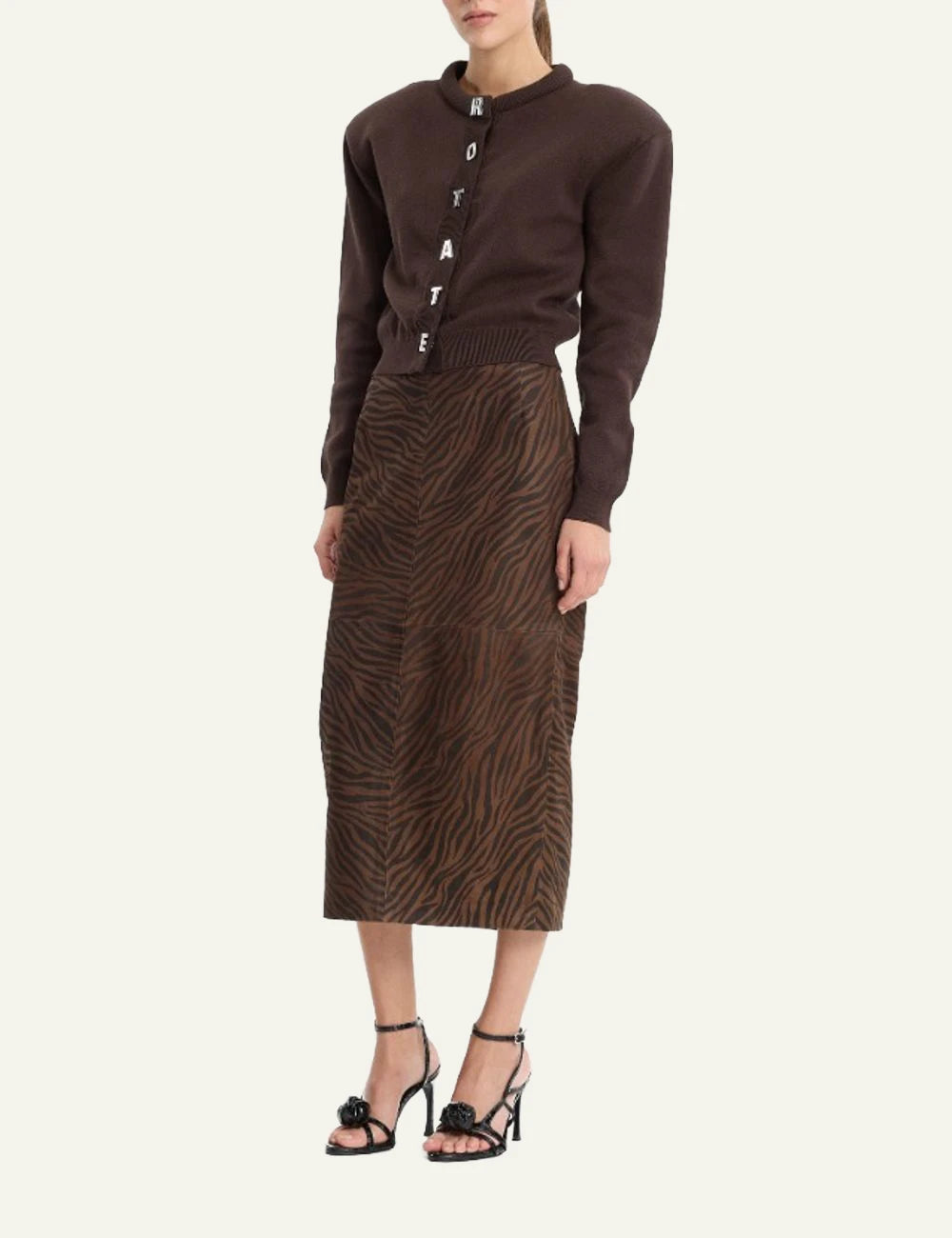 Rotate firm knit cardigan dark brown front view full look