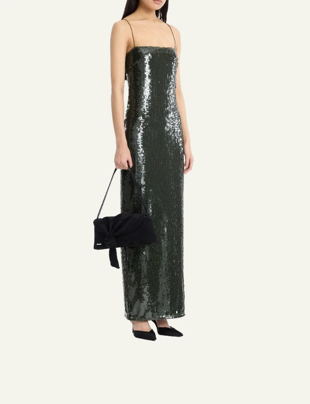 Rotate dark green sequins maxi slip dress with shimmering finish side view