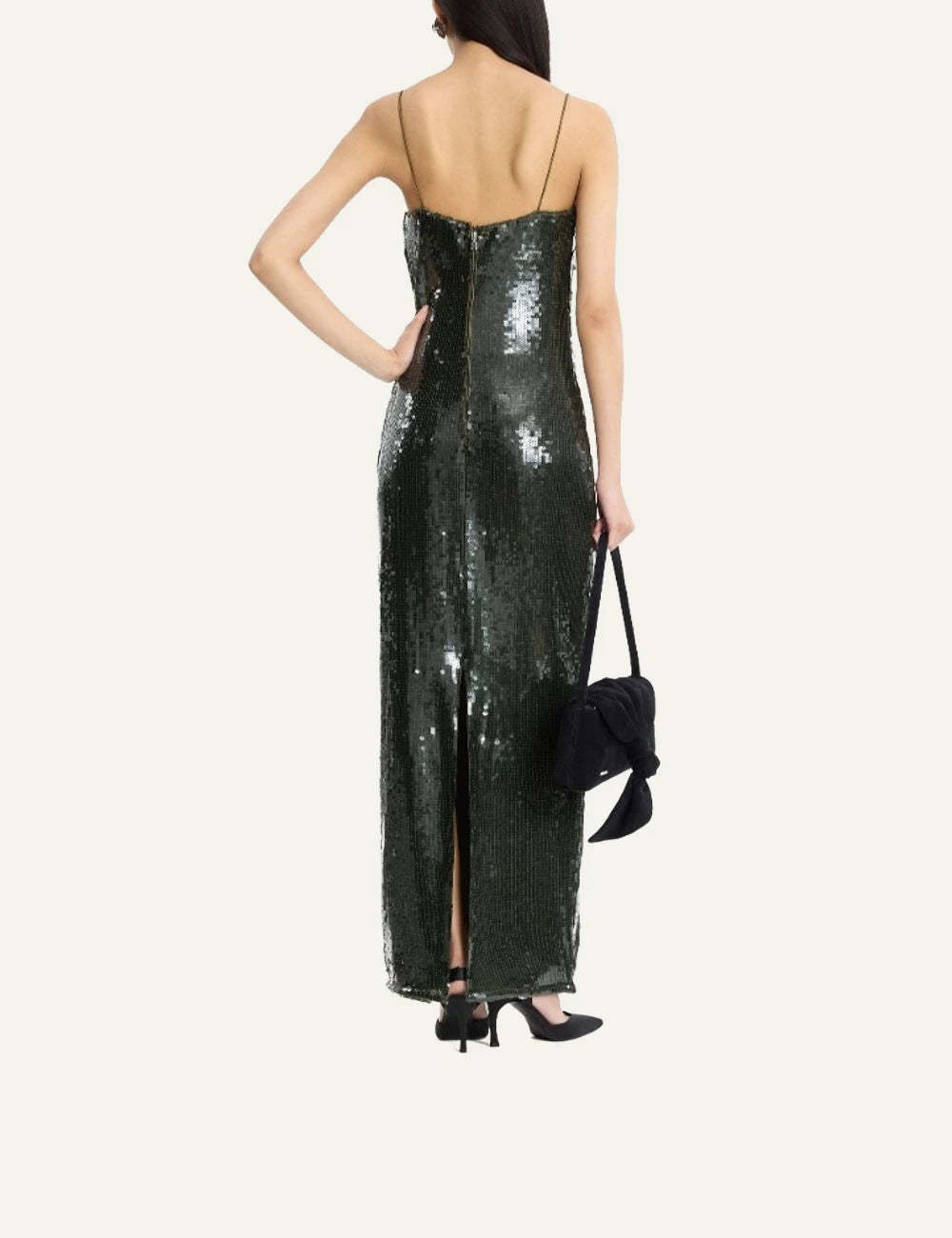 Rotate dark green sequins maxi slip dress with shimmering finish back view