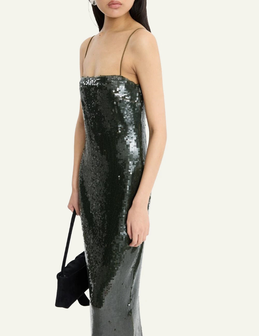 Rotate dark green sequins maxi slip dress with shimmering finish opposite side view