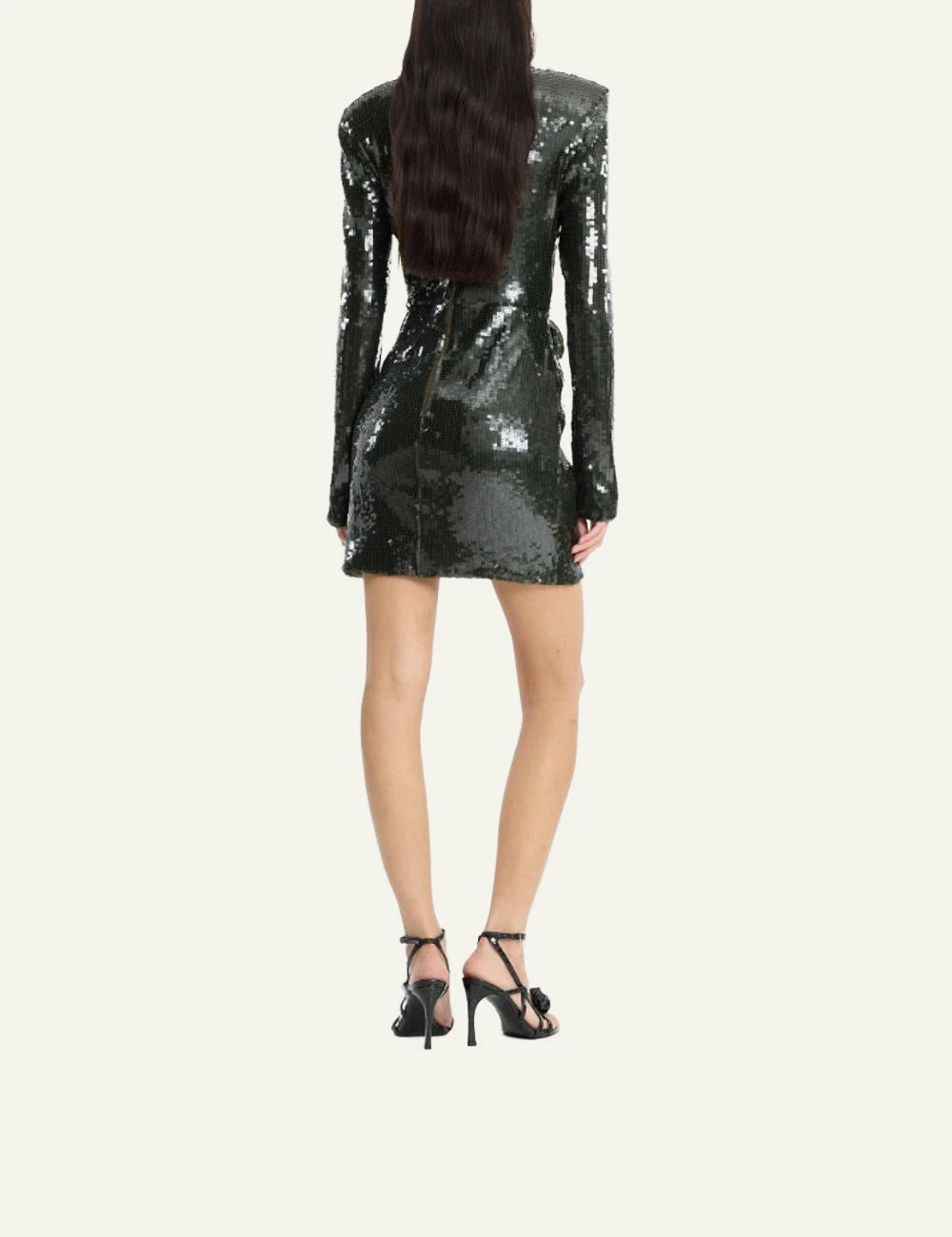 Rotate dark green sequins mini dress with draped waist detail back view