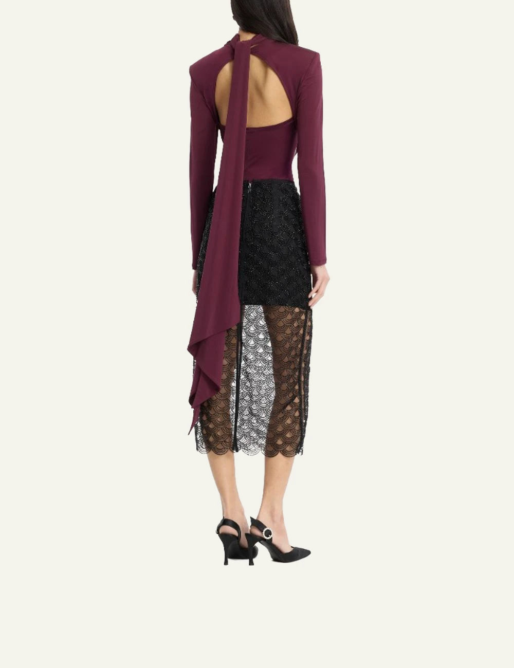 Rotate Long Sleeved Scarf Top bordeaux me draped scarf detail back view