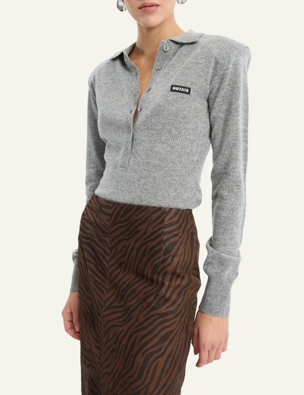 Rotate wool long sleeve polo grey melange front view close up