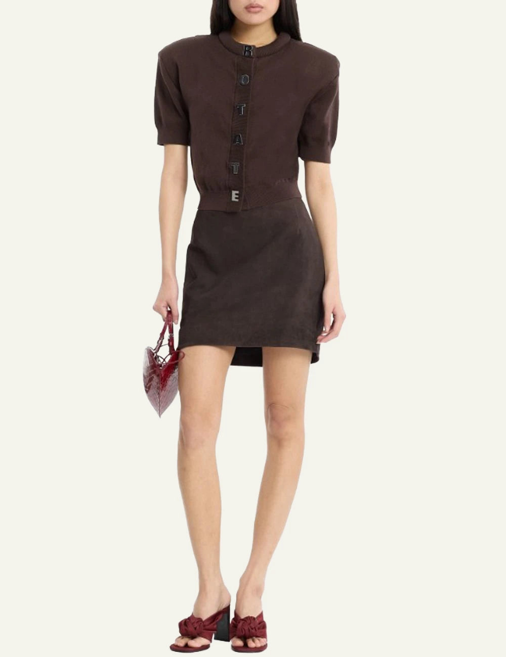 Rotate Suede Mini Skirt dark brown A-line front full body view