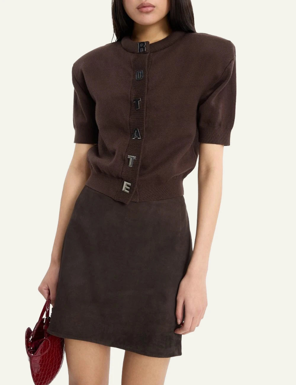 Rotate Suede Mini Skirt dark brown A-line front model view