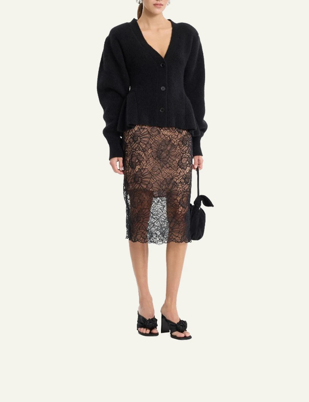 Rotate Lace Midi Pencil Skirt black me floral lace detail front full body view