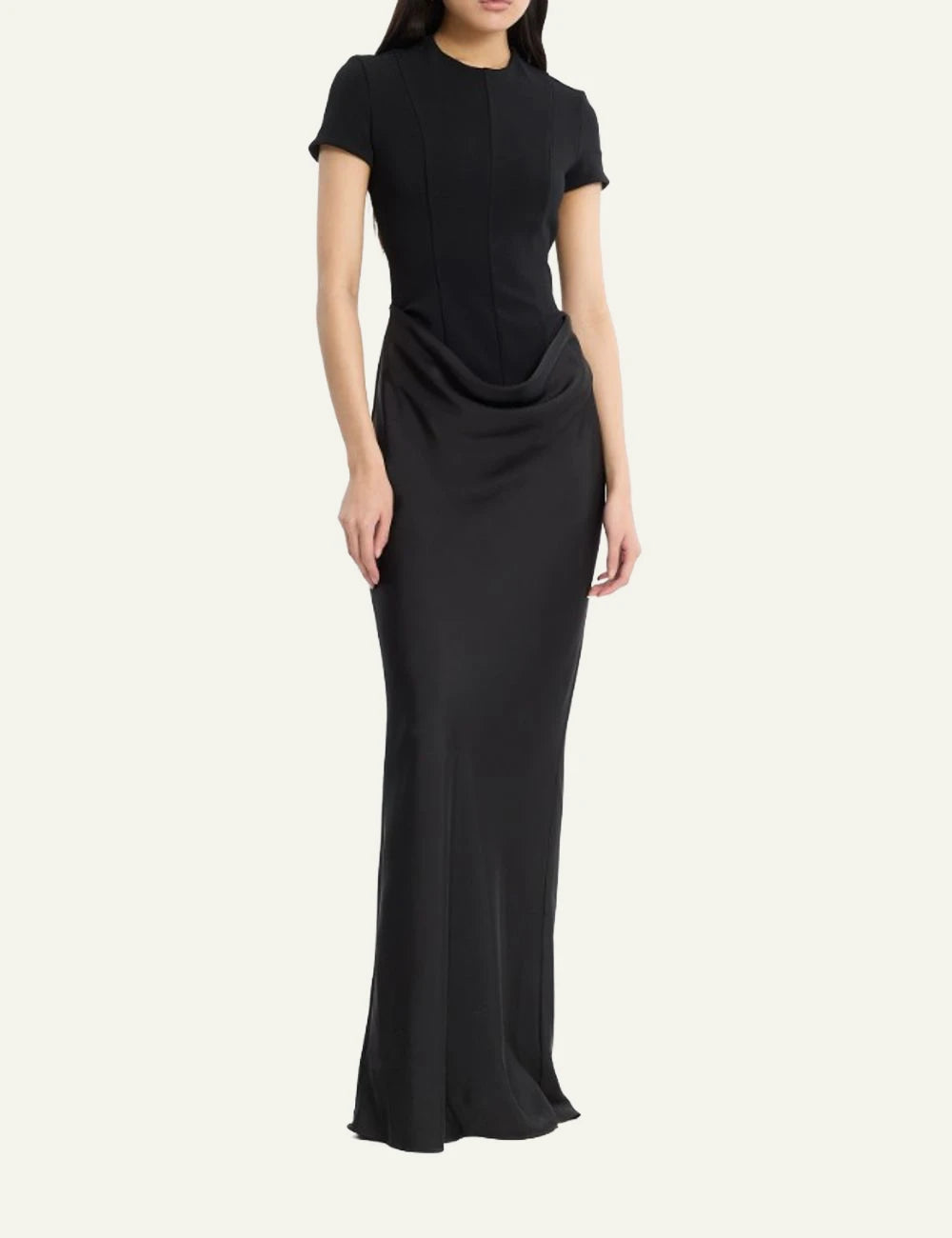 Rotate Capsleeve Draped Maxi Dress black me draped waist detail front full body view
