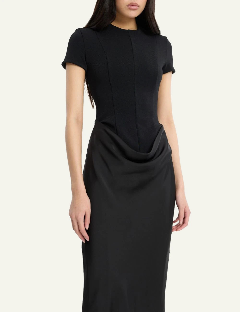 Rotate Capsleeve Draped Maxi Dress black me draped waist detail front model view